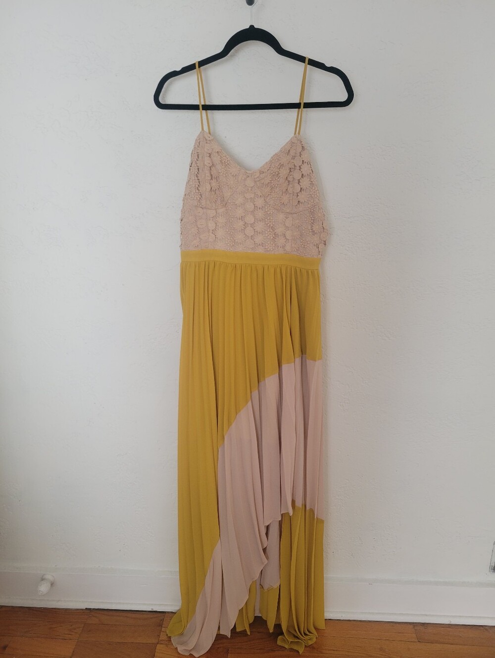 The Clothing Company Pleated Maxi Dress with Eyelet Bodice - Beige and Mustard